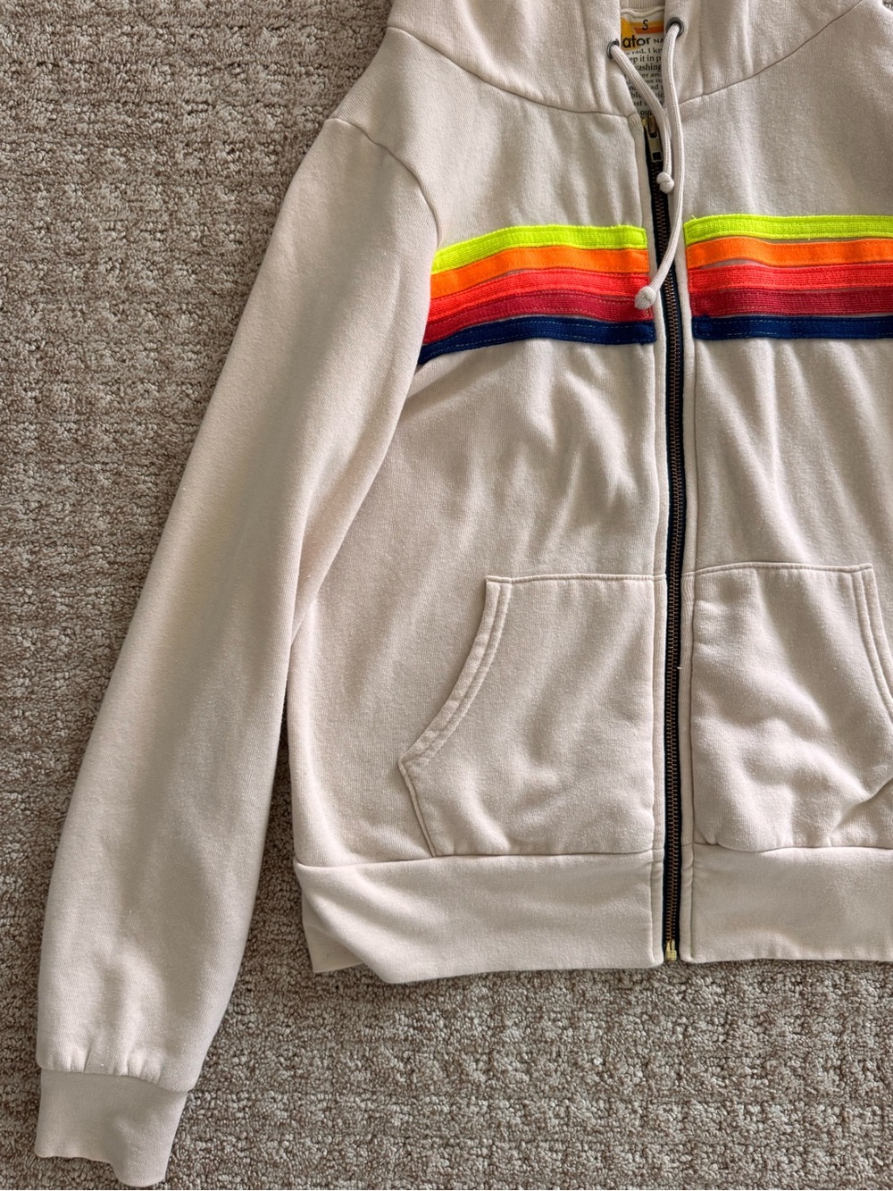 Aviator Nation 5-Stripe Hoodie & Sweatpant Set - Oatmeal / Neon Rainbow - Size S - Picture 11 of 16